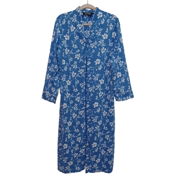 Women's Jasmine Rose Zipper Robe in Vista Blue & White Floral Housecoat Pajamas - Picture 1 of 12